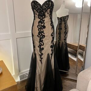 Jovani Black and Nude Strapless Beaded Mermaid Prom Dress
